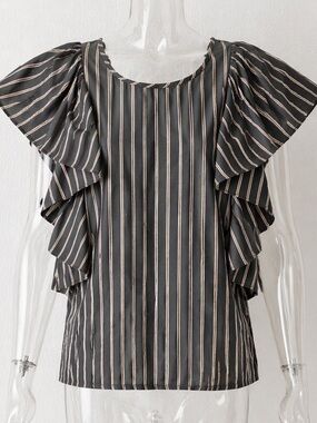 See by Chloé Striped Ruffle Sleeve Blouse Gray US 4